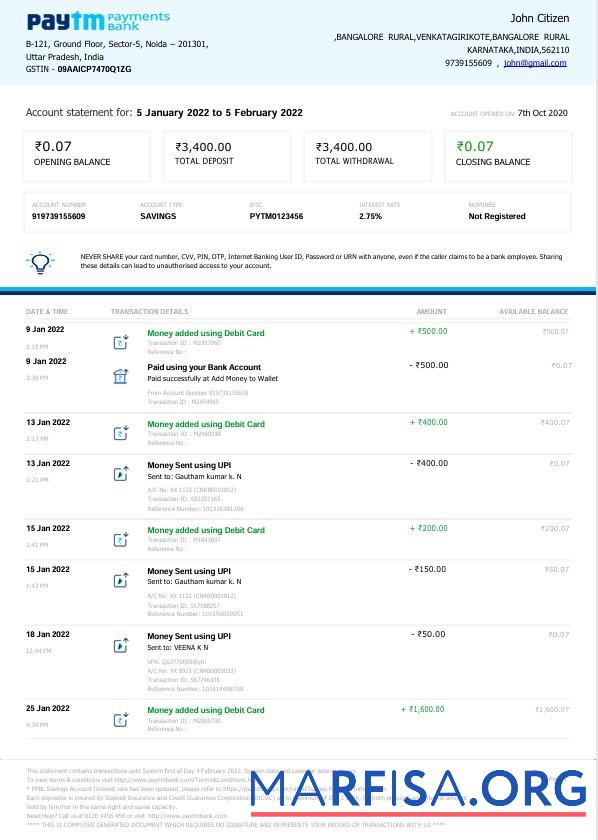 Downloadable India Paytm Payments bank statement word real example